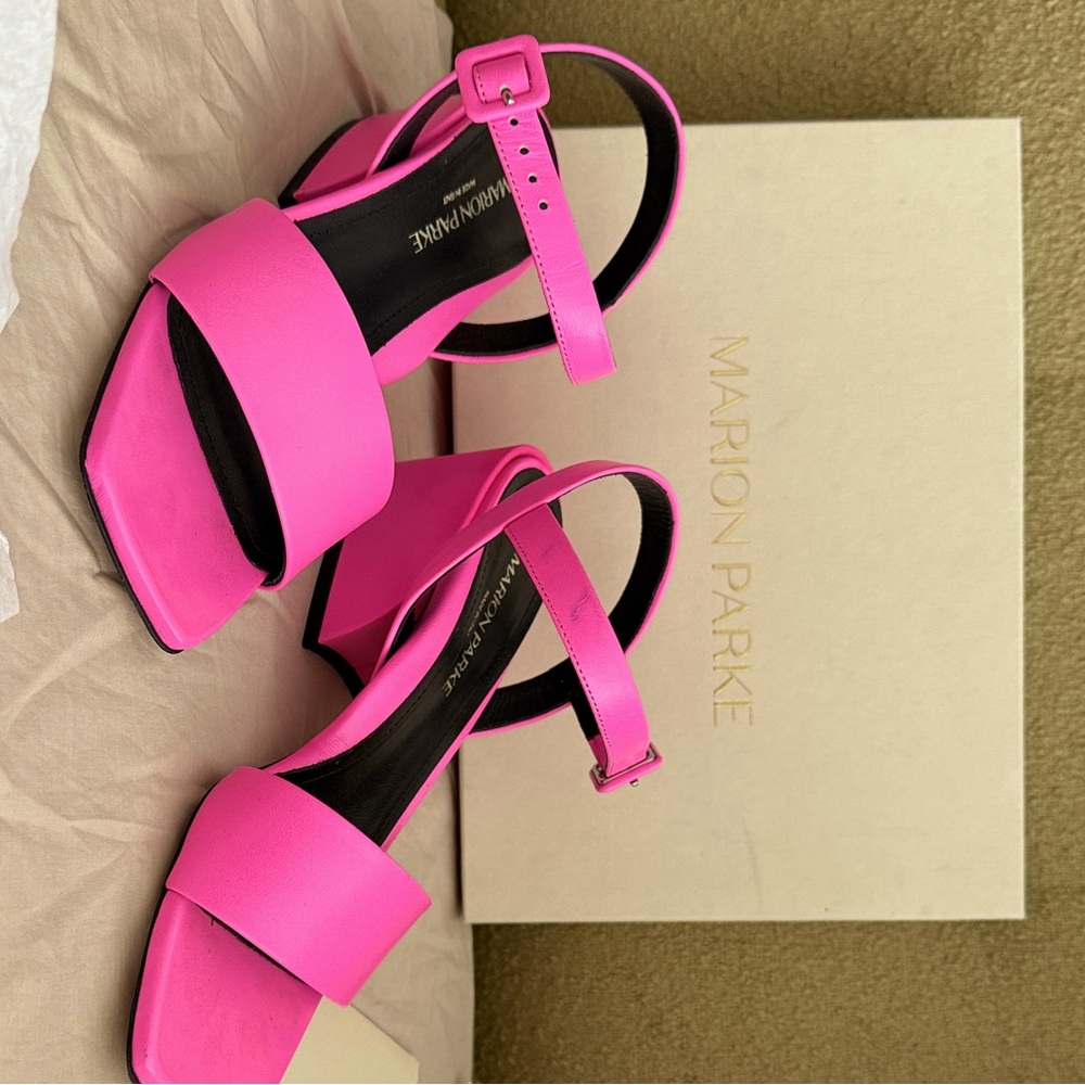 Marion Parke pink chunk heel, ankle strap. Nappa leather. Style Imogen.